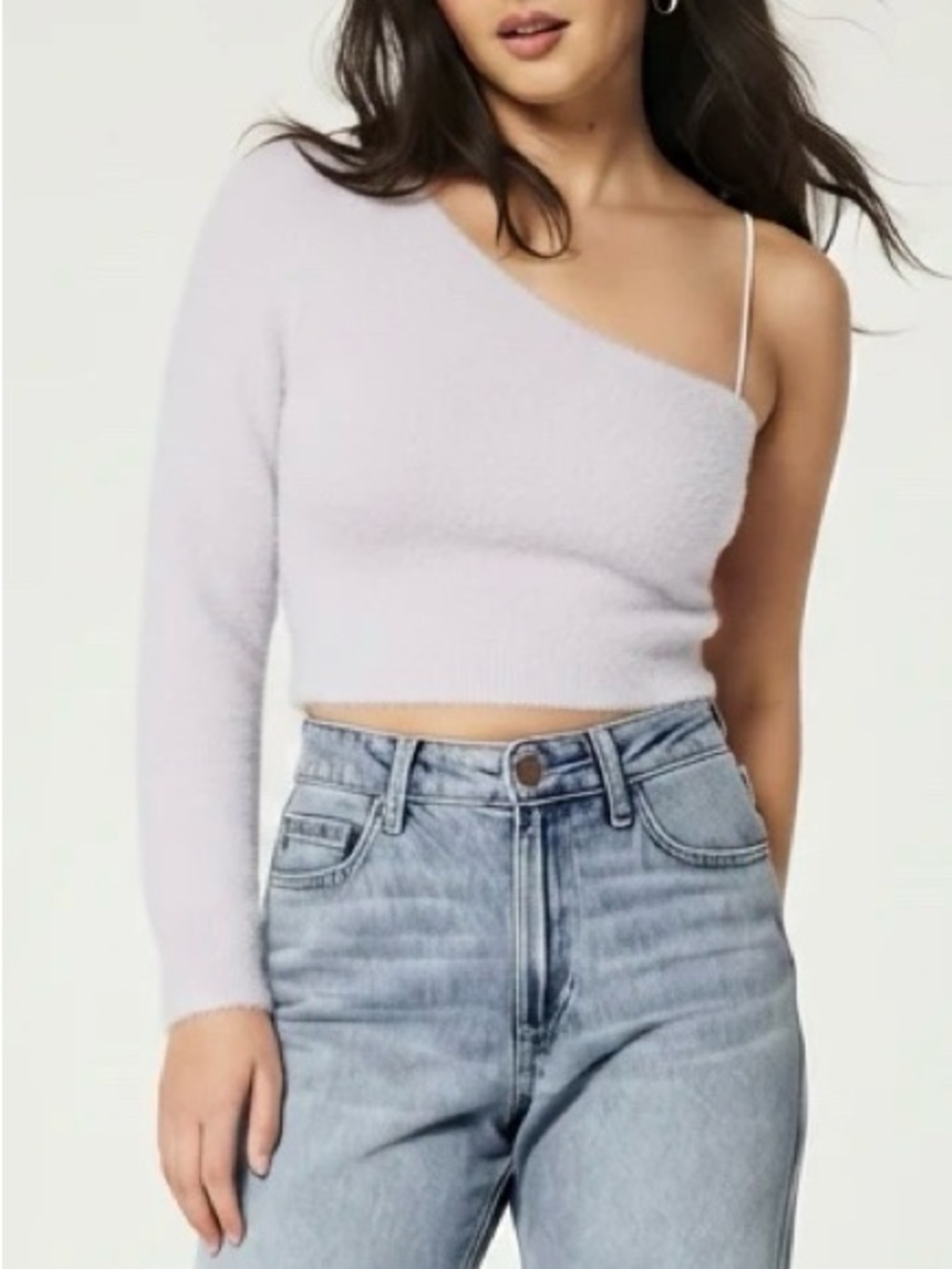 RUMO Pastel Purple One Shoulder Asymmetrical Fuzzy Sweater